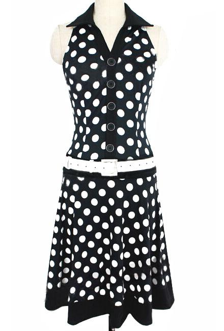 Romwe Lapel Polka Dot With Buttons Pleated Black Dress
