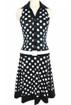 Romwe Lapel Polka Dot With Buttons Pleated Black Dress