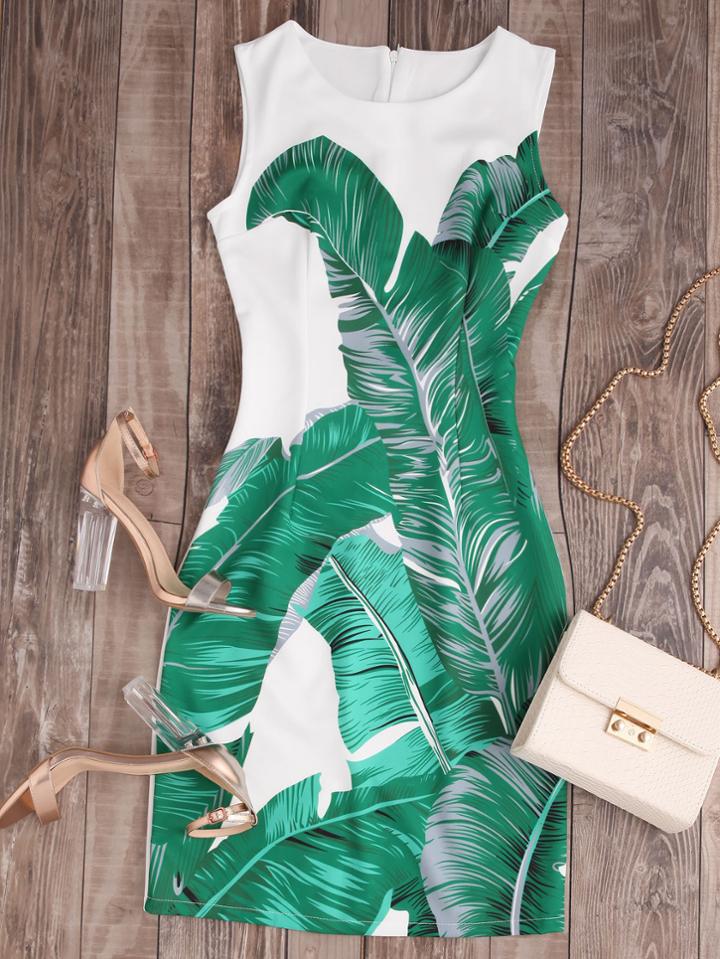 Romwe Palm Leaf Print Zipper Back Tank Dress