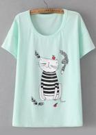 Romwe Cat Apple Print Green T-shirt