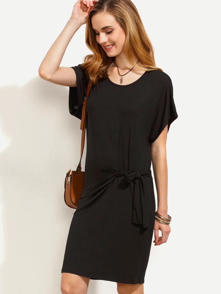 Romwe Plain Black Drop Shoulder Knotted Dress