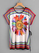 Romwe Rainbow Sunflower Print Dolman Sleeve Tie Detail Tee Dress