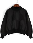 Romwe Stand Collar Letters Embroidered Black Sweatshirt