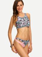 Romwe Multicolor Flower Print Cutout Strappy Bikini Set