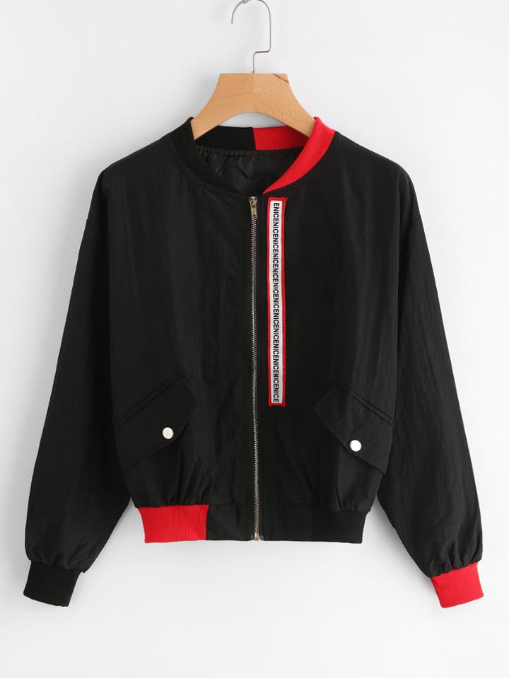 Romwe Patch Detail Zip Up Baseball Jacket