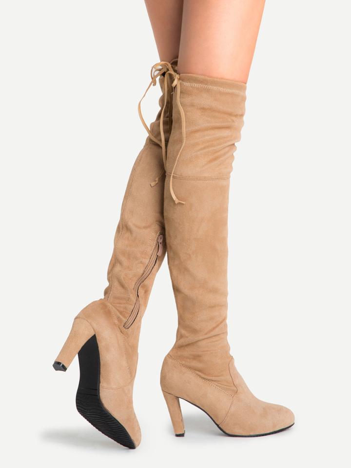 Romwe Camel Faux Suede Lace Up Side Zipper Over The Knee Boots