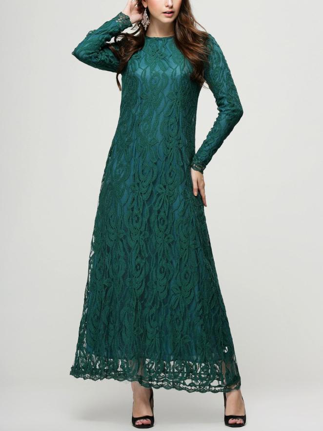 Romwe Green Lace Overlay Long Sleeve Dress