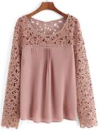 Romwe Pink Scoop Neck Lace Splicing Chiffon Blouse