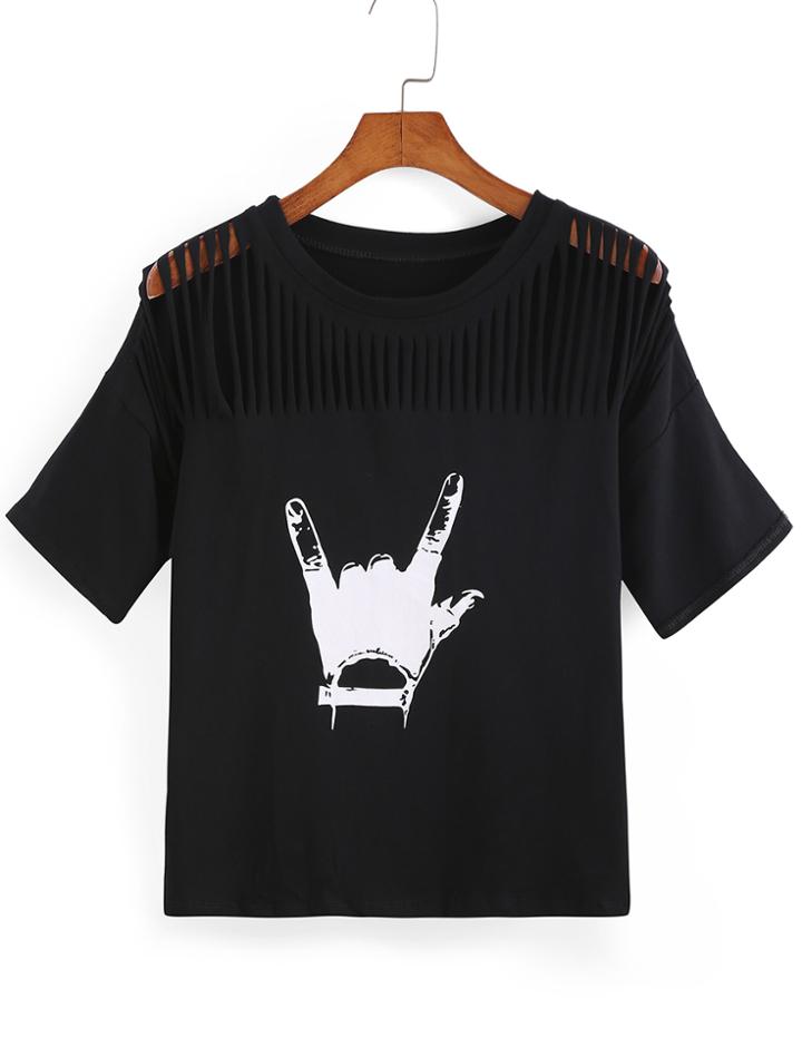 Romwe Hand Print Ripped Black T-shirt