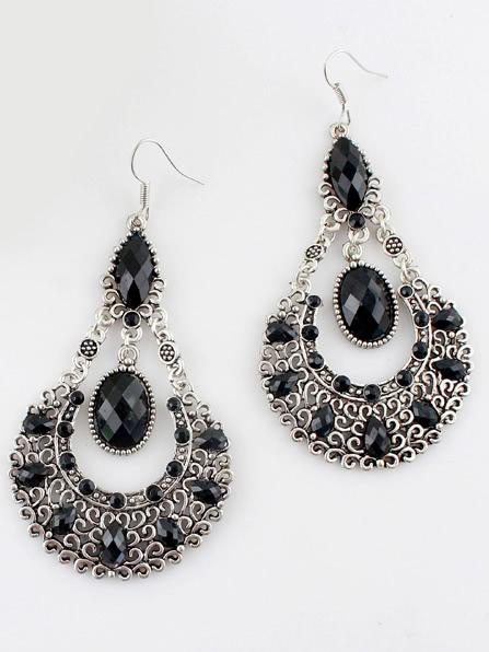 Romwe Black Gemstone Retro Silver Hollow Dangle Earrings