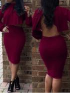 Romwe Halter Crisscross Back Crop Top With Bodycon Burgundy Skirt