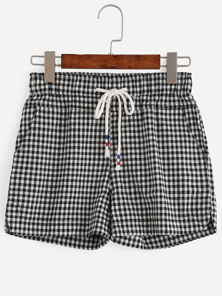 Romwe Black White Checkerboard Drawstring Shorts