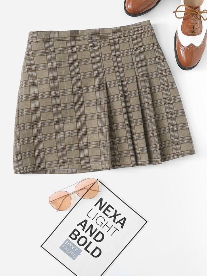 Romwe Pleated Checked Zip Up Skirt