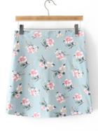 Romwe Blue Floral Zipper Side Skirt