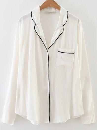 Romwe White Contrast Trim Pocket Blouse