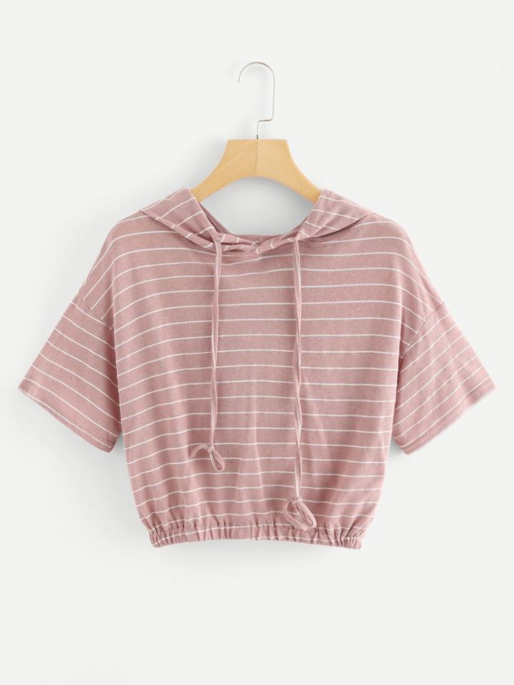 Romwe Drop Shoulder Striped Crop Hooded Tee