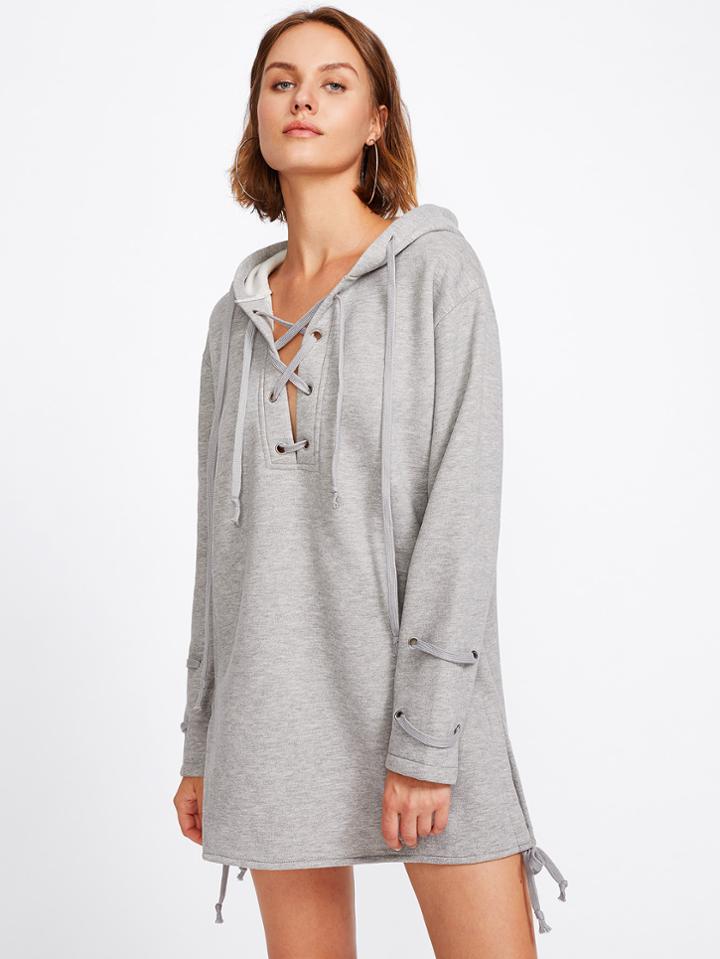 Romwe Plunge Lace Up Slit Side Marled Hoodie Dress