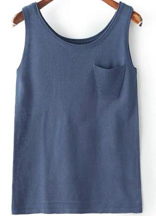 Romwe Blue Round Neck Pocket Tank Top