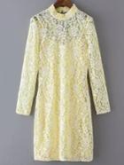 Romwe Yellow High Neck Long Sleeve Lace Dress With Strap