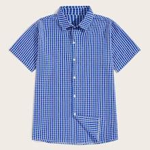 Romwe Guys Window Pane Check Print Curved Hem Shirt