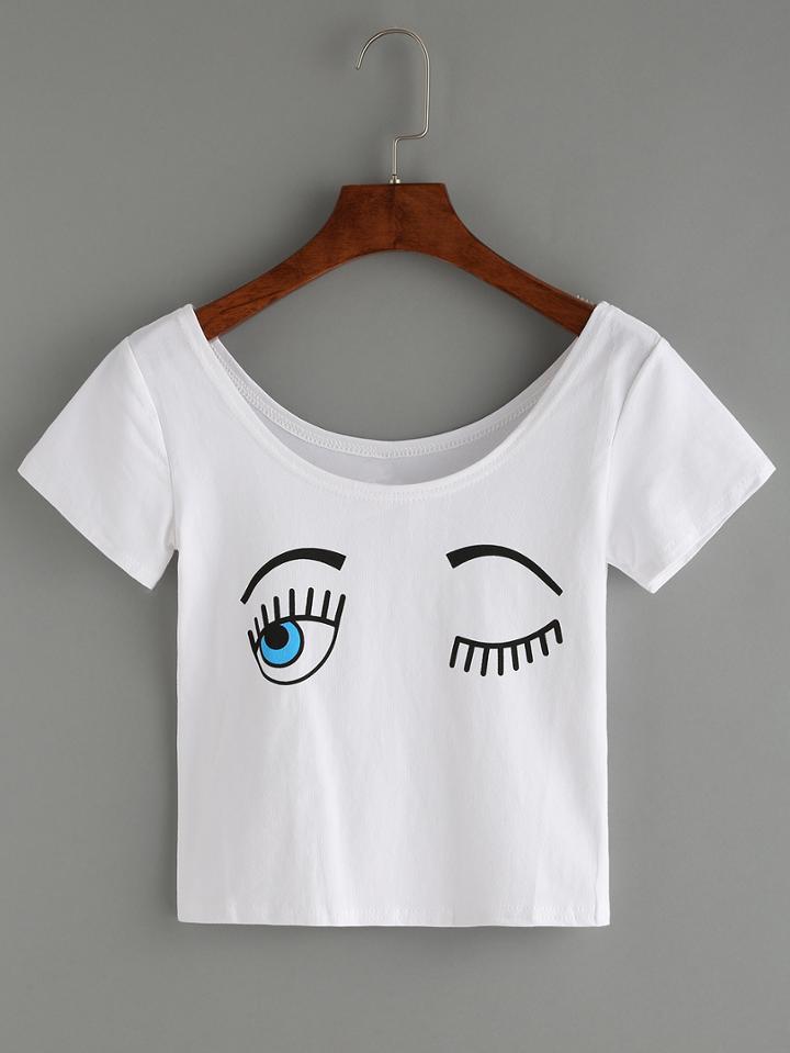 Romwe Winkle Eye Print Crop T-shirt - White