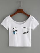 Romwe Winkle Eye Print Crop T-shirt - White
