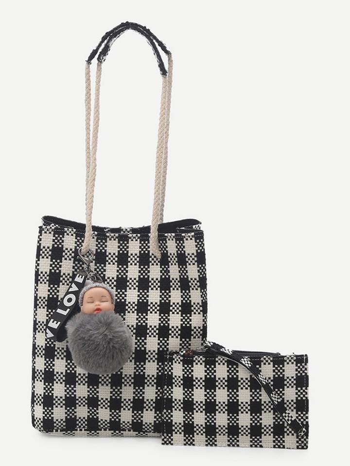 Romwe Pom Pom Gingham Canvas Clutch