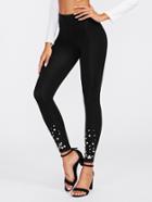 Romwe Pearl And Rhinestone Embellished Leggings