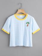 Romwe Coconut Tree Embroidered Stripe Ringer Tee