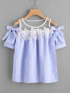 Romwe Vertical Pinstripe Contrast Lace Bow Tie Top