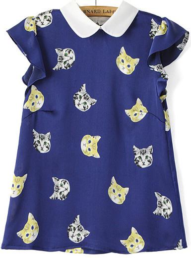 Romwe Doll Collar Cat Print Blue Top