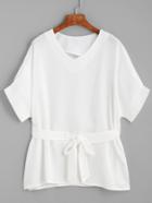 Romwe White V Neck Self Tie Blouse