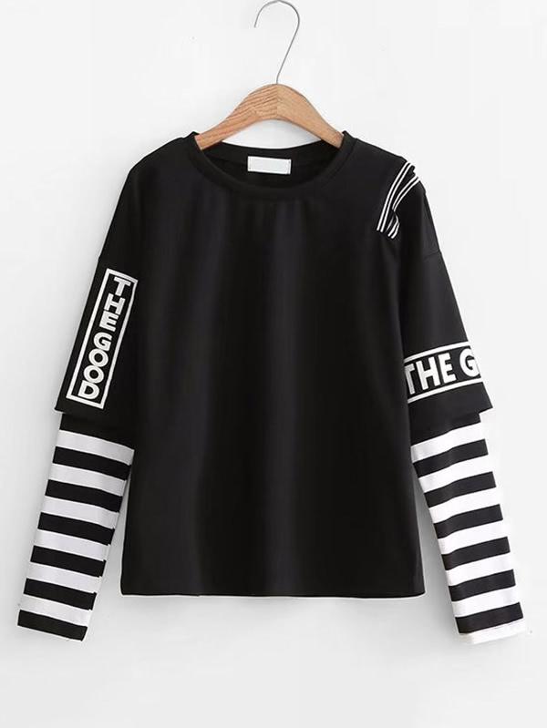 Romwe 2 In 1 Striped Sleeve Slogan Top