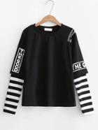 Romwe 2 In 1 Striped Sleeve Slogan Top