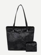 Romwe Faux Fur Overlay Tote Bag With Wallet