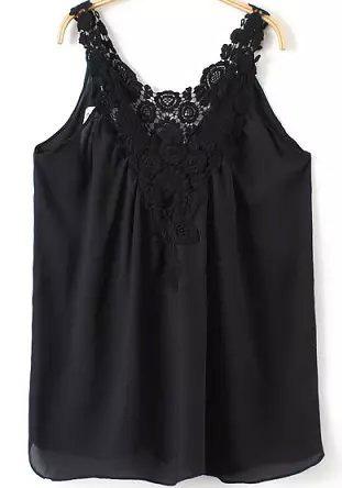 Romwe Floral Crochet Hollow Chiffon Black Vest