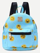 Romwe Blue Pu Smiling Face Print Backpack
