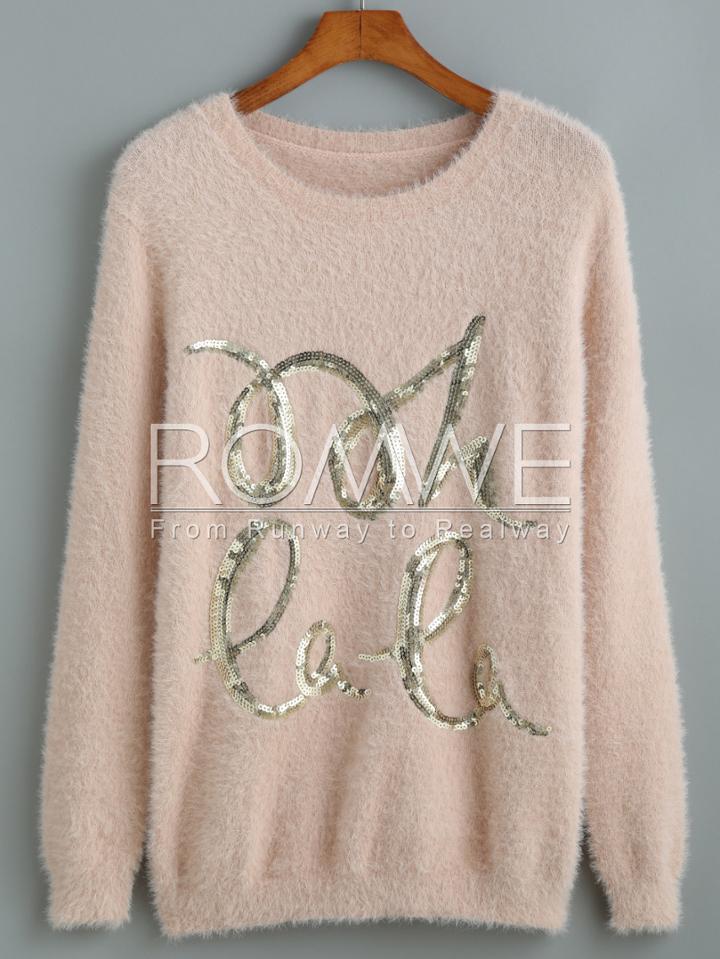 Romwe Aprioct Long Sleeve Sequined Sweater