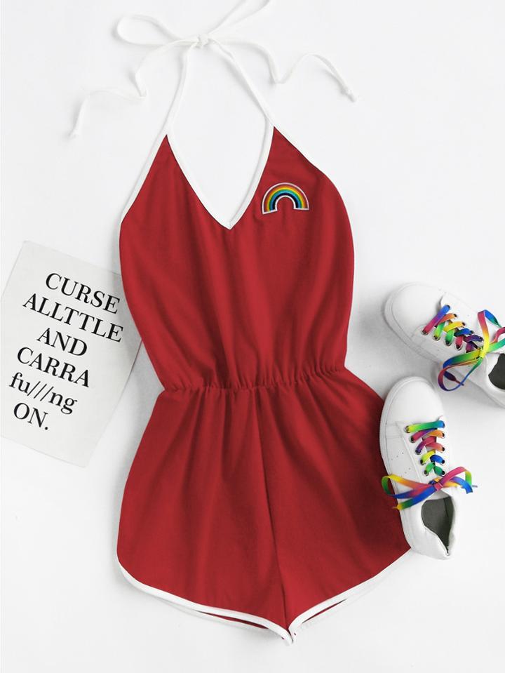 Romwe Rainbow Patch Contrast Binding Halter Romper