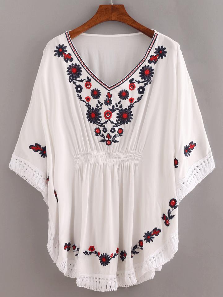 Romwe White V Neck Embroidered Fringe Dolman Shirt