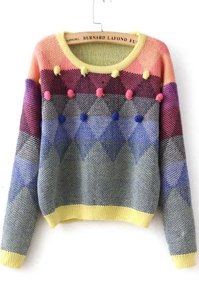 Romwe Diamond Patterned Twisted Ball Sweater-yellow