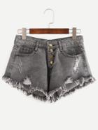 Romwe Grey Ripped Fringe Denim Shorts With Single Breasted