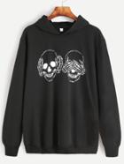 Romwe Black Skull Print Hooded Sweatshirt
