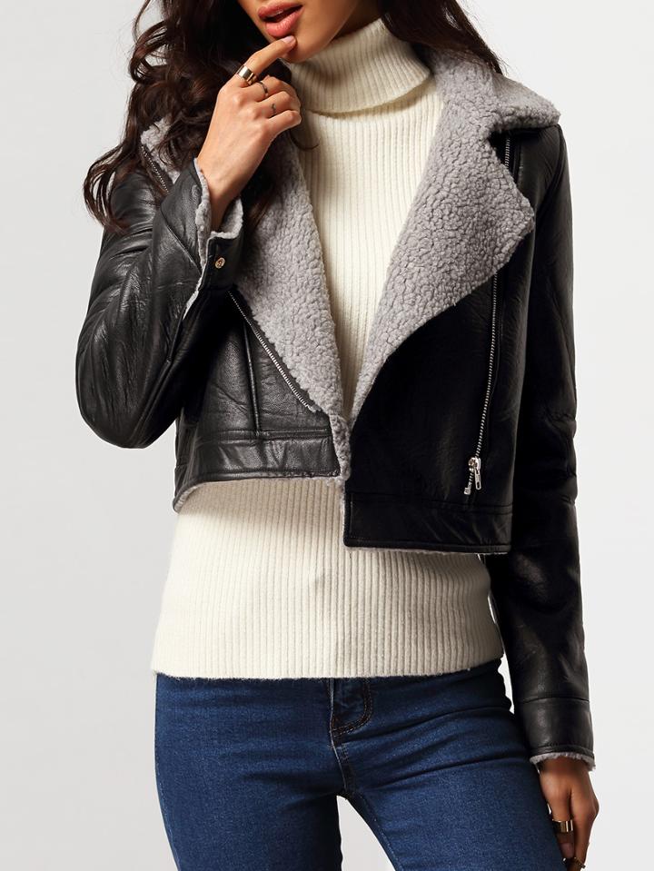 Romwe Lapel Zipper Pu Crop Jacket