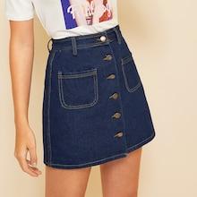 Romwe Stitch Detail Trim Button Front Denim Skirt