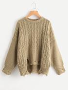 Romwe Cable Knit Raw Cut Stepped Hem Jumper