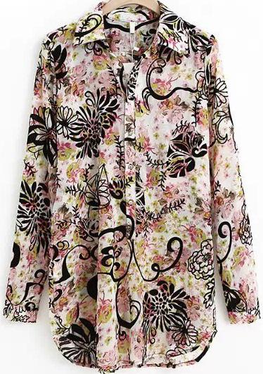 Romwe Floral Print Chiffon White Blouse