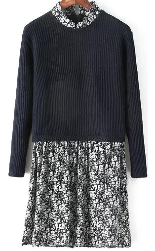 Romwe Floral Print Knit Black Dress