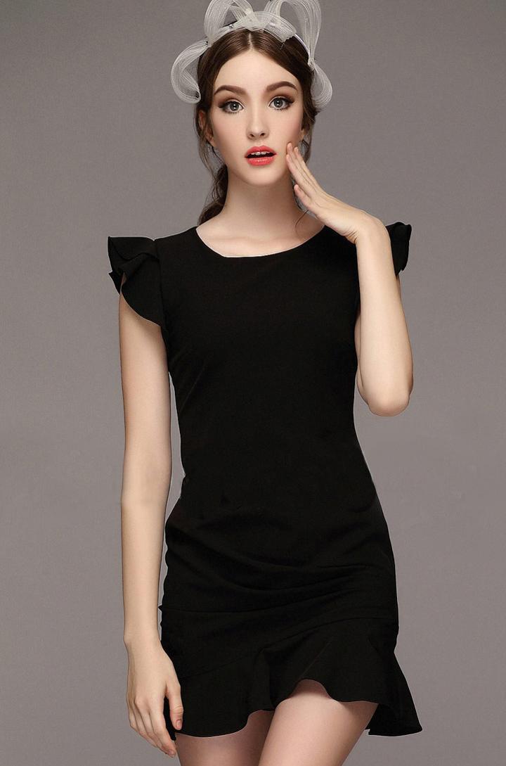 Romwe Ruffle Sleeve Peplum Hem Black Dress