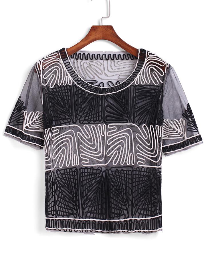 Romwe Sheer Mesh Irregular Lines Top